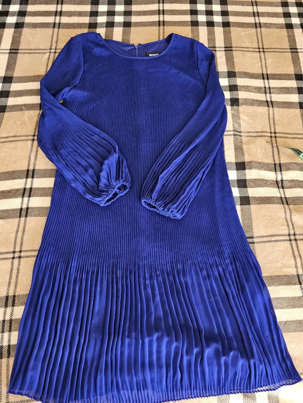 DKNY Cobalt Blue Pleated Long-Sleeve Shift Dress - Picture 8 of 11